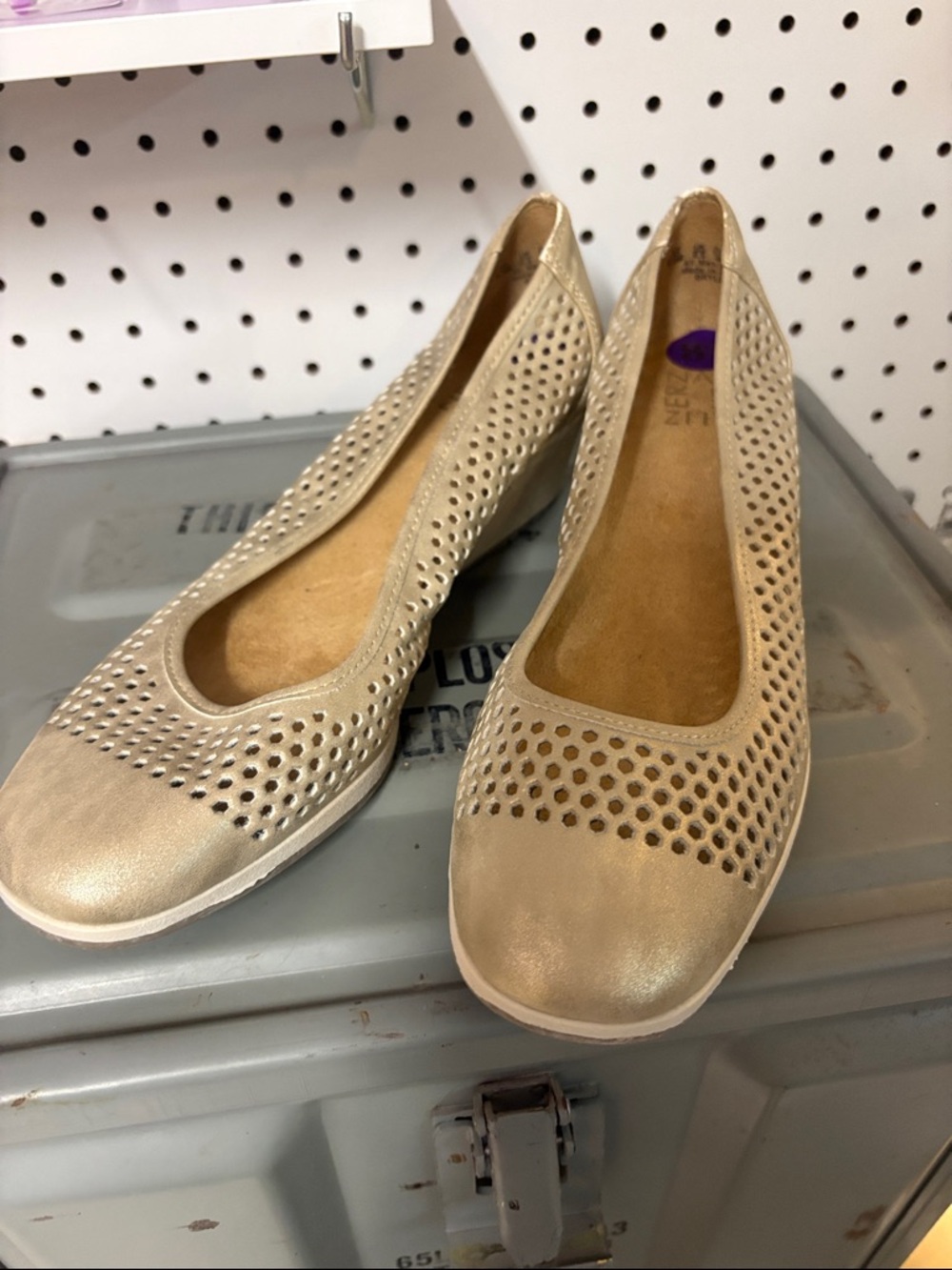 Naturalizer Metallic Beige Perforated Ballet Wedges